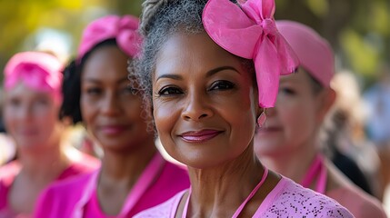 A group of women in pink clothing, all wearing ribbons, standing together in a park, symbolizing unity in breast cancer awareness.