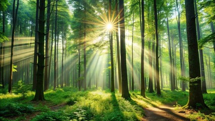 Naklejka premium High green trees in the forest with sun rays shining through, creating a serene and tranquil atmosphere, forest, green