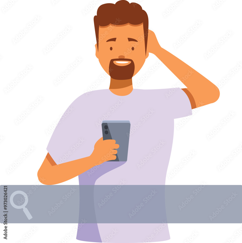 Poster man is scratching his head with his finger while looking at a smartphone, trying to find a solution 