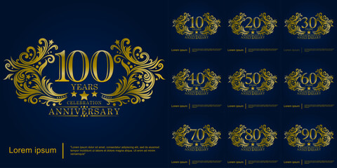 Set of 10-100 years anniversary celebration emblem logo with brush-strokes rounded by ornate swirls and flourishes. vector illustration template design for web, flyers, poster, greeting
