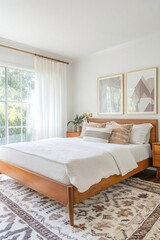 A midcentury modern interior in a white-walled bedroom with an art frame hanging from it. Generative AI
