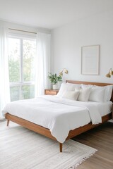 Fototapeta premium A midcentury modern interior in a white-walled bedroom with an art frame hanging from it. Generative AI 