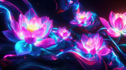 Fototapeta premium Electric blue, purple, and pink neon lotus flowers with glowing petals and swirling stems, creating a mesmerizing abstract composition