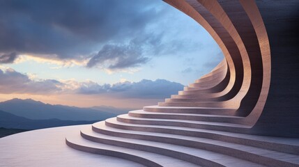 A stadium constructed from rough, weathered stone, its walls adorned with intricate carvings that seem to shift and flow in the wind, against a backdrop of a surreal, undulating landscape.