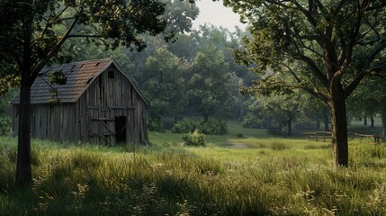 A weathered wooden barn stands in a clearing surrounded by tall trees, sunlight filtering through the leaves.