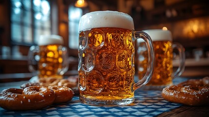 Close-up of frothy beer steins on a table with pretzels and sausages, surrounded by blue-and-white checkered patterns.