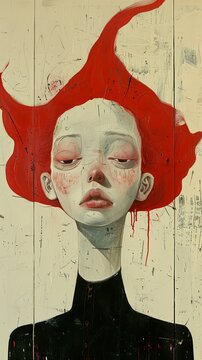 A portrait of a woman with red hair, painted in a realistic style with a textured background.