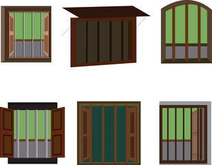 Collection of wooden window with different colors and designs.Open window set. Indian village house element isolated on white background