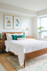 A midcentury modern interior in a white-walled bedroom with an art frame hanging from it. Generative AI
