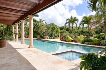 open air sunny  pool area of a hotel  pool villa in Asia with blue color theme furniture 