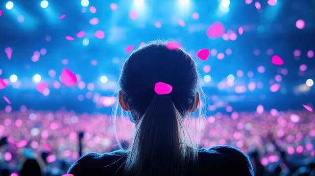 A stadium hosting a vibrant concert, with the stage bathed in colorful lights and the crowd singing along to their favorite songs.