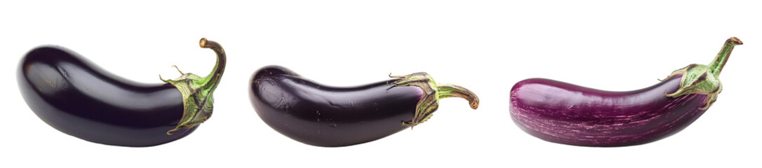 A trio of colorful eggplants arranged to showcase their unique shapes and deep purple hues.