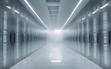 Fototapeta premium Futuristic Data Center Corridor with Rows of Servers, Storage Ca