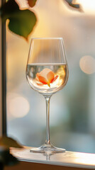 A close up of wine glass featuring delicate rose petal floating in clear water, beautifully illuminated by soft, warm light. scene evokes sense of tranquility and elegance