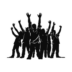 Fototapeta premium People Silhouettes. Silhouette of a Group of people with their hands raised at sunset or sunrise.