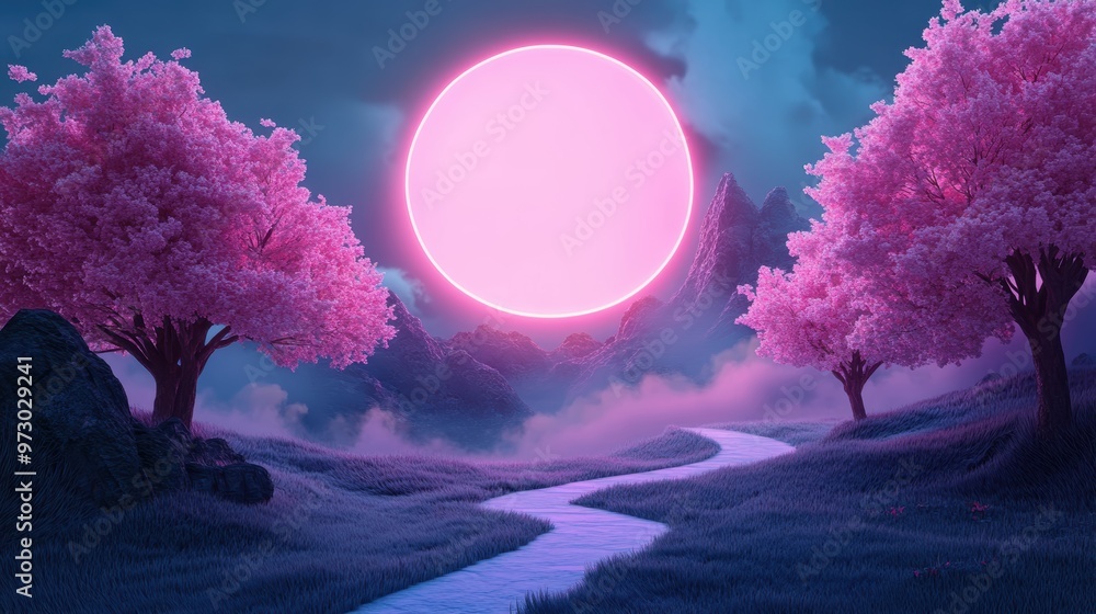 Poster a digital landscape where neon lines and shapes create a surreal representation of virtual reality.