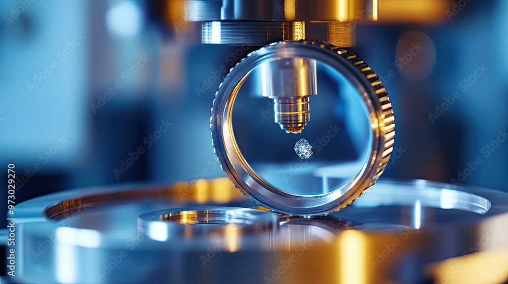 Poster close-up of a metallic object being analyzed under a magnifying lens