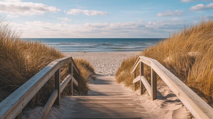 A long boardwalk leading down to the beach, with sand dunes on either side and the sea visible in the distance.