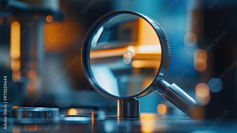 Poster magnifying glass focused on a small object in a laboratory setting