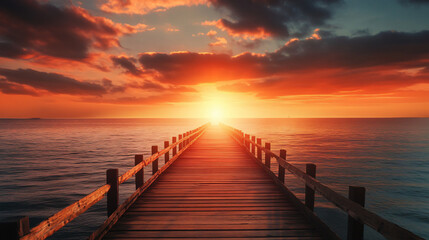Fototapeta premium A wooden pier with a sunset in the background