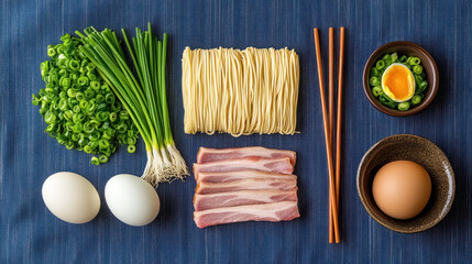  Artistic Display of Ramen Ingredients with Fresh Noodles and Pork on Textured Blue Fabric