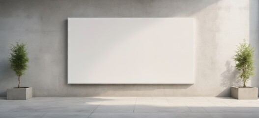 Large white blank billboard on concrete wall with two small pott