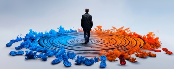 A person pacing in circles, watercolor footprints representing frustration and impatience