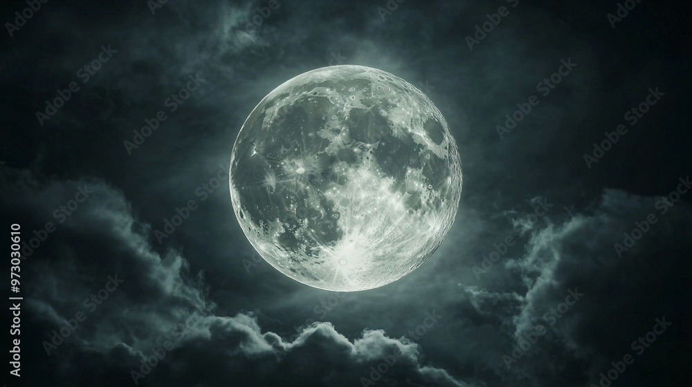Wall mural full moon shining on cloudy night sky background.