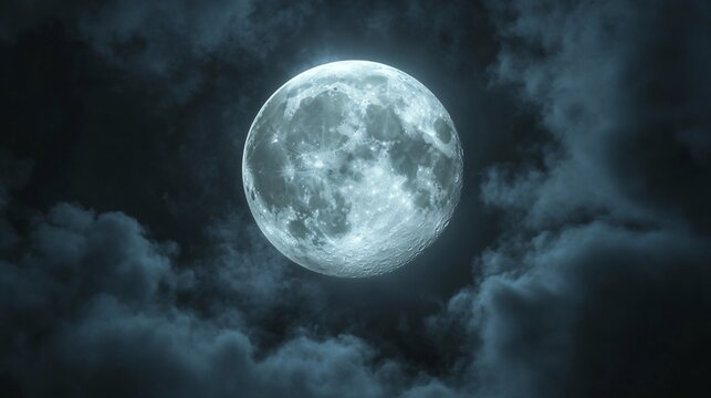 Full moon shining on cloudy Night sky background.