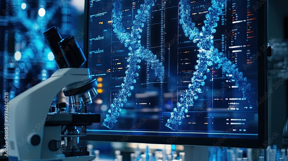 Poster a microscope and computer monitor displaying a digital model of a dna double helix