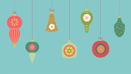 Set of abstract Christmas lamp on blue background, vector illustration 