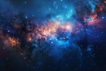 Obraz premium In the vastness of space, a stunning cosmic nebula radiates vibrant colors, with swirling blues and oranges highlighting the mysterious beauty of the galaxy.