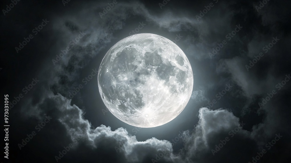 Wall mural full moon shining on cloudy night sky background.
