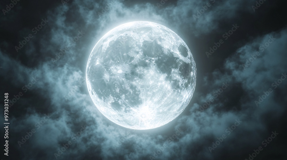 Wall mural full moon shining on cloudy night sky background.