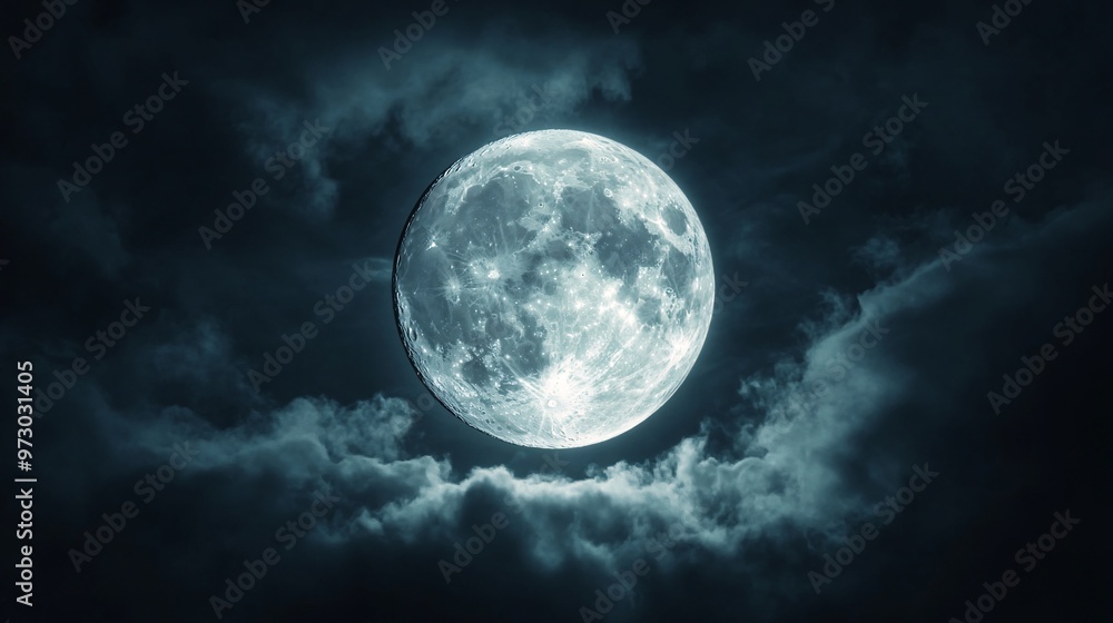 Wall mural full moon shining on cloudy night sky background.
