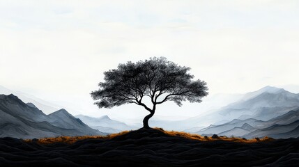 A solitary tree in a barren landscape, watercolor tones of isolation and desolation