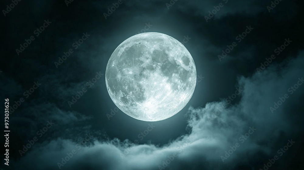 Wall mural full moon shining on cloudy night sky background.