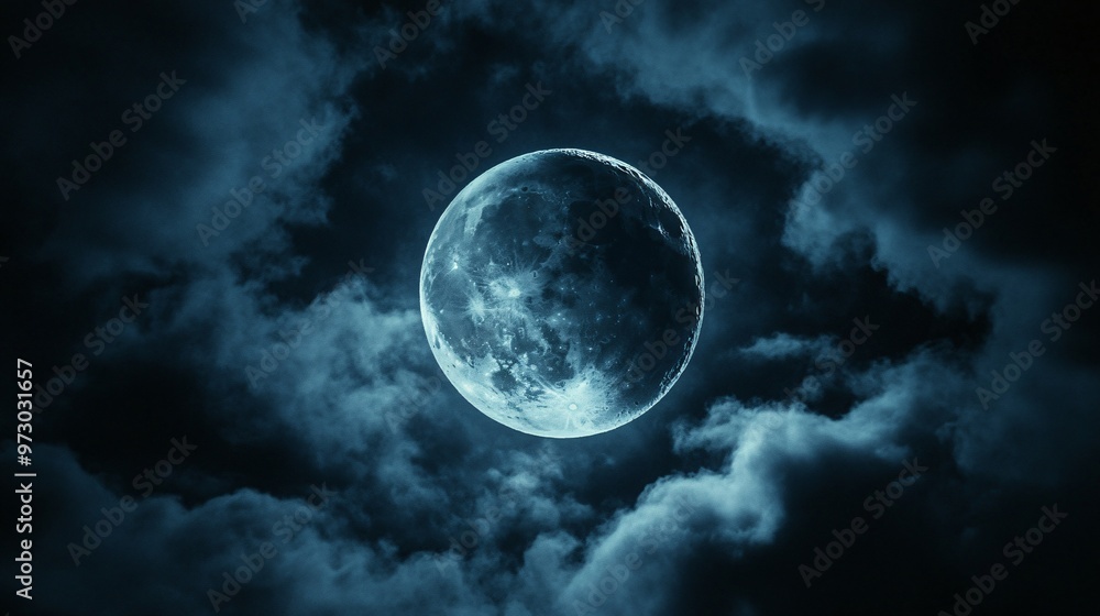 Wall mural full moon shining on cloudy night sky background.