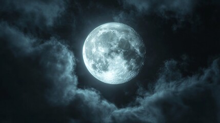 Full moon shining on cloudy Night sky background.