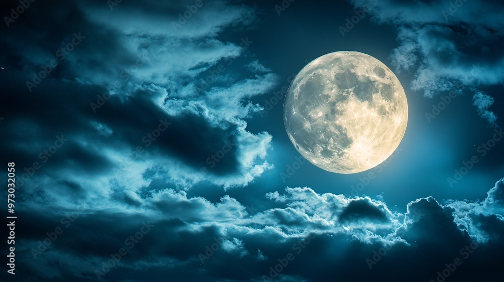Wall mural full moon shining on cloudy night sky background.