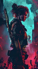 Obraz premium A woman in a leather jacket stands in a futuristic cityscape with a weapon strapped to her back.