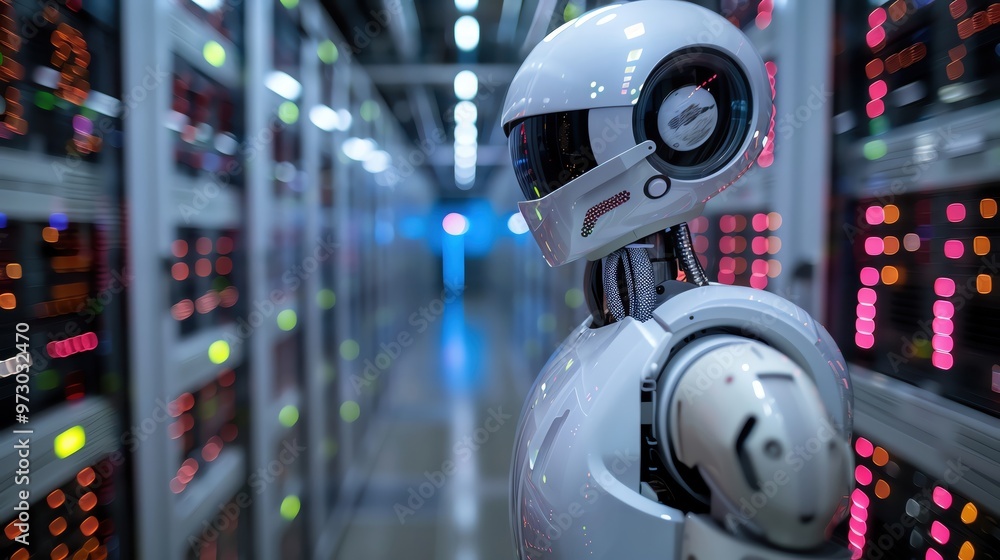 Poster futuristic robot standing in a server room, showcasing advanced technology and automation in digital