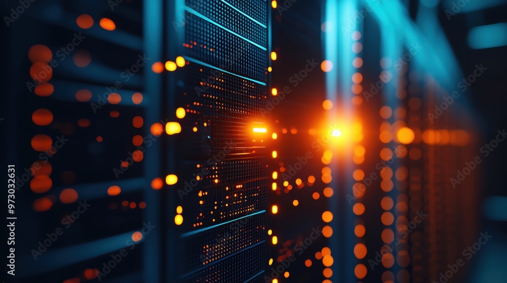 Poster glowing server technology with vibrant lights, showcasing network infrastructure and data processing