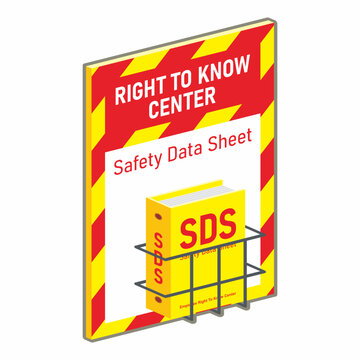 Isometric safety data sheet document holder with sign  location vector illustration. Industrial standard for chemical material storage.