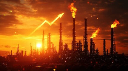 Obraz premium Industrial landscape at sunset with rising smoke and flames, symbolizing growth and energy production in the oil industry.