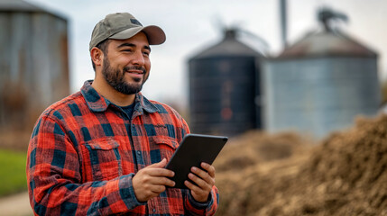 Happy farm technician using a tablet in the field, large scale farming and internet connectivity. Blue collar jobs, hispanic, man