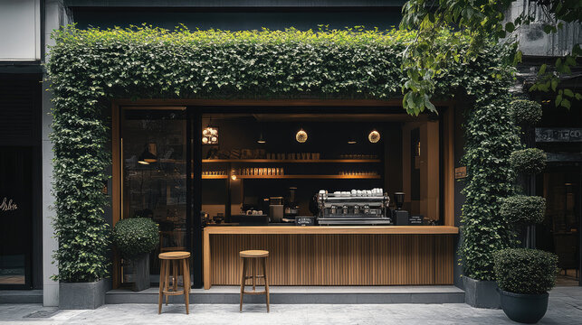 front facade of a stylish, modern cute coffee shop 
