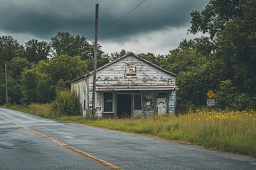 Obraz premium Weathered Wooden Building Along a Rural Road
