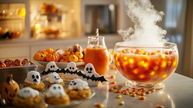 A kitchen counter featuring Halloween treats like candy corn, cookies shaped like bats and ghosts, and a punch bowl with dry ice steam