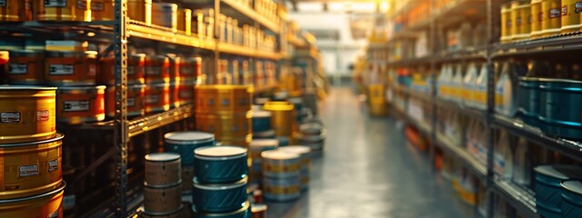 Warehouse shelves filled with industrial containers in warm lighting